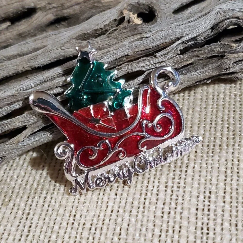 Christmas Santa Sleigh Tree Red Green Silver Enamel Sweater Pin Brooch